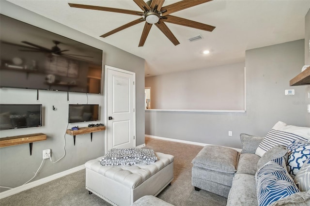 33678 Jasper Stone Dr, Wesley Chapel, FL 33543 - carpeted living area with a ceiling fan and recessed lighting