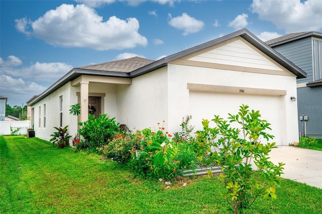 35210 Daisy Meadow Loop, Zephyrhills, FL 33541 - view of front of house with an attached garage, concrete driveway, a front yard, stucco siding, and a shingled roof