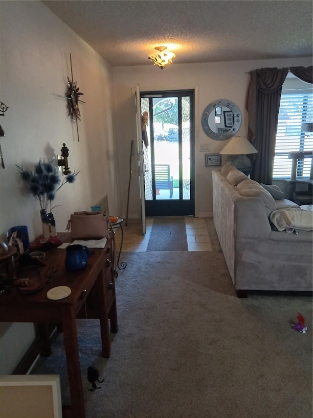 7307 Windsor Mill Rd, Hudson, FL 34667 - foyer entrance featuring healthy amount of natural light, a textured ceiling, and light colored carpet
