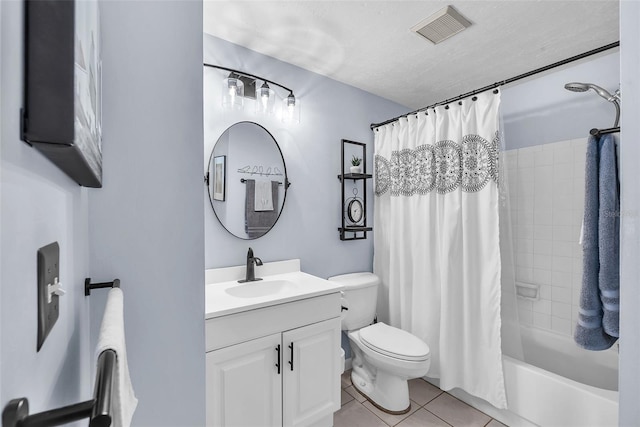 617 Valley Hill Dr, Brandon, FL 33510 - bathroom with vanity, tile patterned flooring, shower / bath combination with curtain, and a textured ceiling