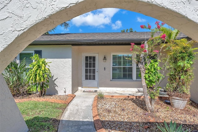 3840 Rolling Cir, Valrico, FL 33594 - doorway to property with stucco siding and roof with shingles
