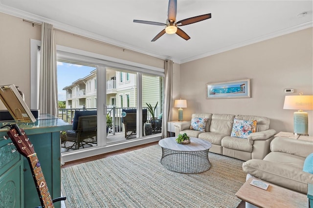 200 Main St Unit 204, Dunedin, FL 34698 - living area featuring crown molding, a ceiling fan, and wood finished floors