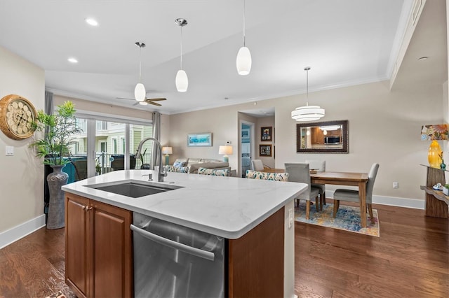 200 Main St Unit 204, Dunedin, FL 34698 - kitchen with dishwasher, dark wood-type flooring, brown cabinetry, open floor plan, and ornamental molding