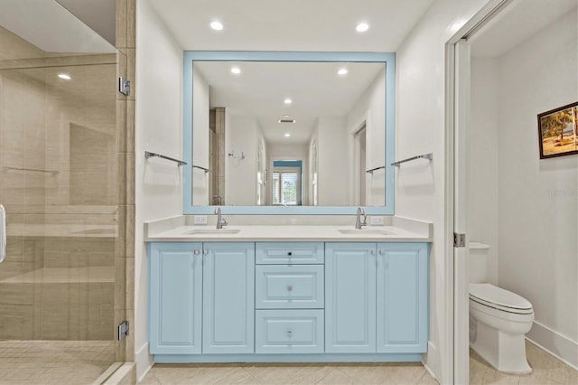 200 Main St Unit 204, Dunedin, FL 34698 - bathroom with a stall shower, double vanity, recessed lighting, and tile patterned floors