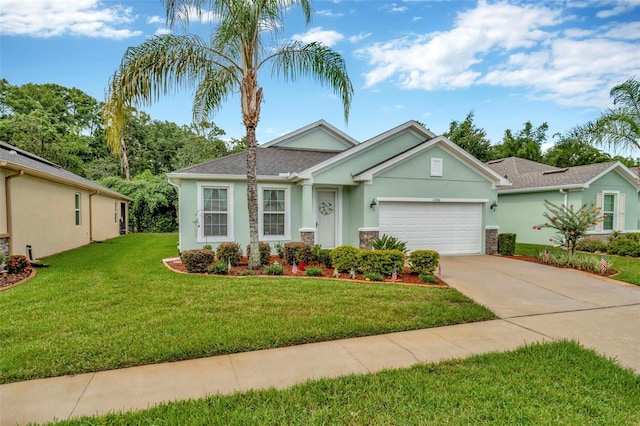 11240 Merganser Way, New Port Richey, FL 34654 - ranch-style home featuring a garage, stucco siding, driveway, and a front lawn