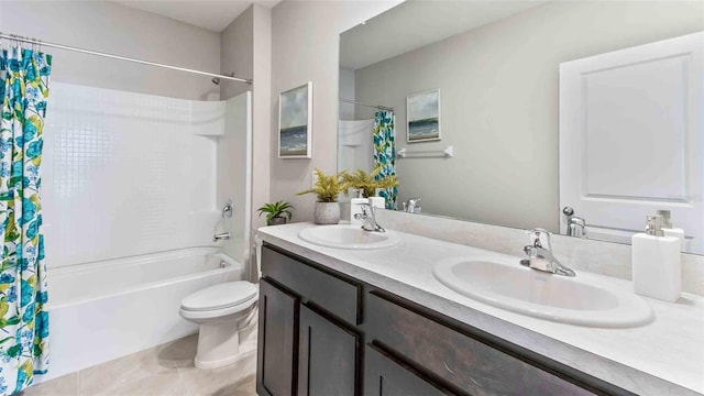 2593 Birney Run, Zephyrhills, FL 33541 - bathroom with shower / bathtub combination with curtain, double vanity, and tile patterned flooring
