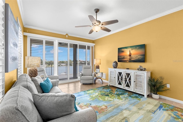 3805 Gulf Blvd Unit 401, St Pete Beach, FL 33706 - living area featuring tile patterned flooring, crown molding, and ceiling fan