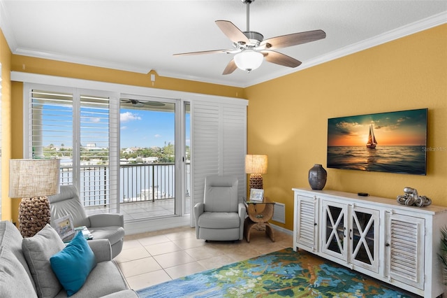 3805 Gulf Blvd Unit 401, St Pete Beach, FL 33706 - tiled living room featuring a ceiling fan and crown molding