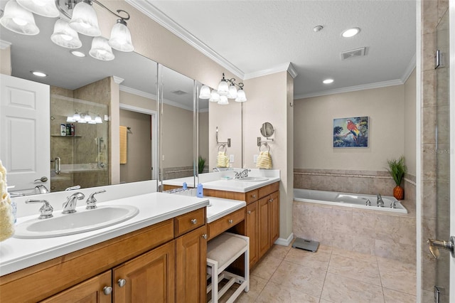 3805 Gulf Blvd Unit 401, St Pete Beach, FL 33706 - full bath with two vanities, a garden tub, a stall shower, tile patterned flooring, and ornamental molding