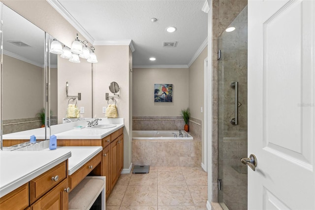 3805 Gulf Blvd Unit 401, St Pete Beach, FL 33706 - full bath with vanity, a bath, a stall shower, ornamental molding, and recessed lighting