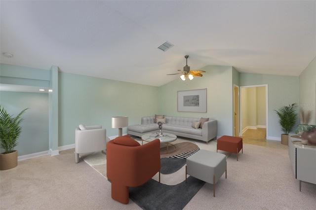 12305 Freesia Ct, Riverview, FL 33569 - living area featuring carpet flooring, vaulted ceiling, and a ceiling fan
