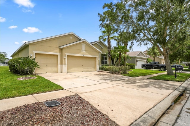 11810 Holly Creek Dr, Riverview, FL 33569 - ranch-style house with stucco siding, a garage, a front yard, and driveway