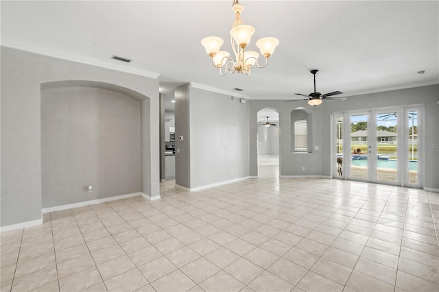 11810 Holly Creek Dr, Riverview, FL 33569 - unfurnished room with arched walkways, a chandelier, ceiling fan, crown molding, and light tile patterned flooring