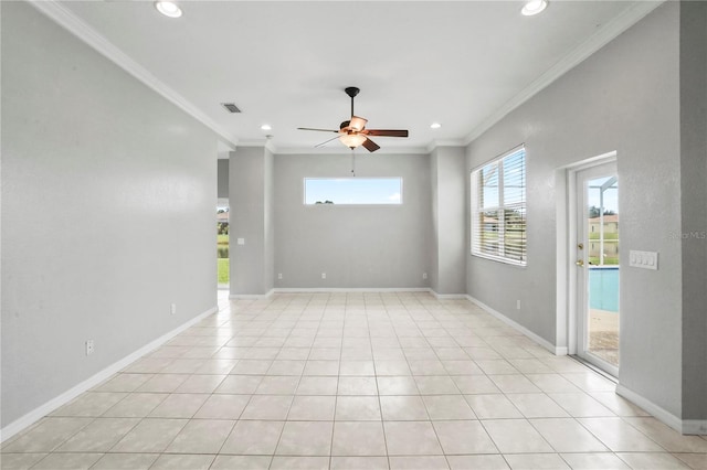 11810 Holly Creek Dr, Riverview, FL 33569 - empty room featuring ceiling fan, ornamental molding, recessed lighting, and light tile patterned flooring