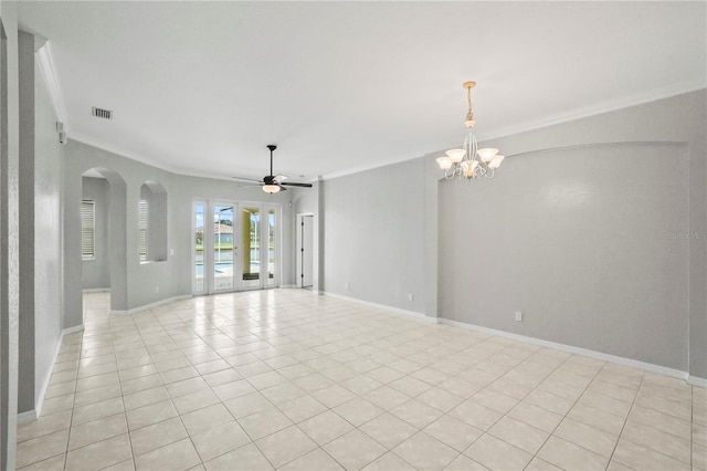 11810 Holly Creek Dr, Riverview, FL 33569 - unfurnished room featuring crown molding, a chandelier, light tile patterned floors, ceiling fan, and arched walkways