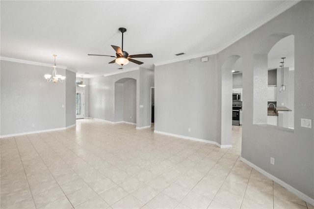 11810 Holly Creek Dr, Riverview, FL 33569 - unfurnished living room with a ceiling fan, ornamental molding, a chandelier, and arched walkways