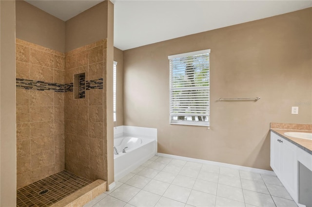 11810 Holly Creek Dr, Riverview, FL 33569 - full bath featuring vanity, a bath, a tile shower, and tile patterned flooring