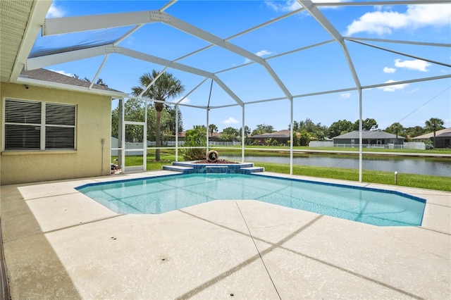 11810 Holly Creek Dr, Riverview, FL 33569 - swimming pool with a hot tub, a patio area, a water view, and a lanai