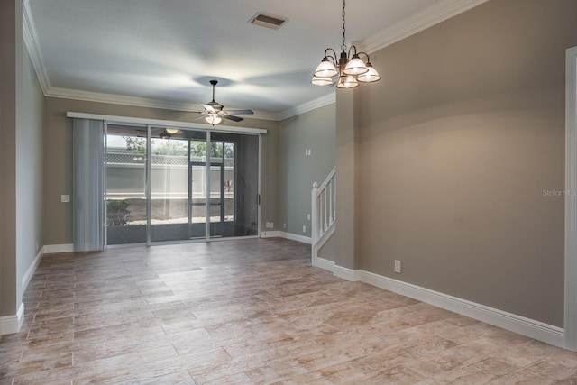 3298 Covered Bridge Dr W, Dunedin, FL 34698 - spare room with crown molding, a chandelier, light wood-type flooring, ceiling fan, and stairs