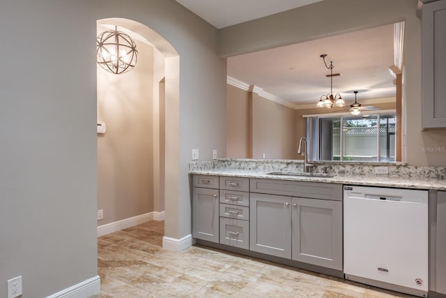 3298 Covered Bridge Dr W, Dunedin, FL 34698 - kitchen featuring white dishwasher, gray cabinets, arched walkways, a chandelier, and ornamental molding