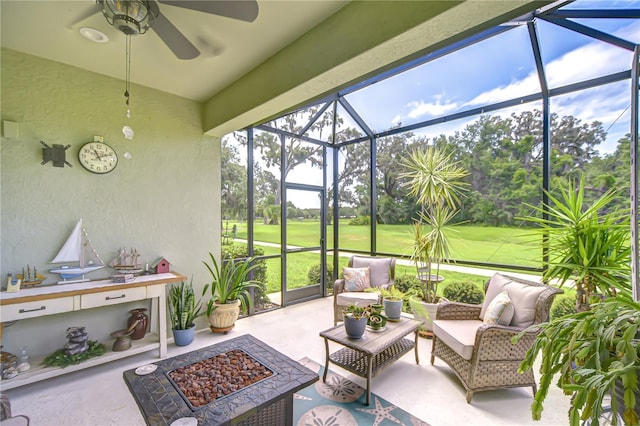 13621 Circa Crossing Dr, Lithia, FL 33547 - sunroom / solarium with a ceiling fan, golf course view, and outdoor lounge area