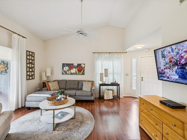 4220 Revere Cir, New Port Richey, FL 34653 - living room featuring dark wood-style floors, ceiling fan, and high vaulted ceiling