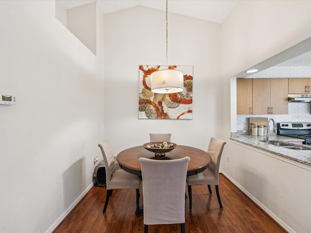 4220 Revere Cir, New Port Richey, FL 34653 - dining space featuring dark wood-type flooring and high vaulted ceiling