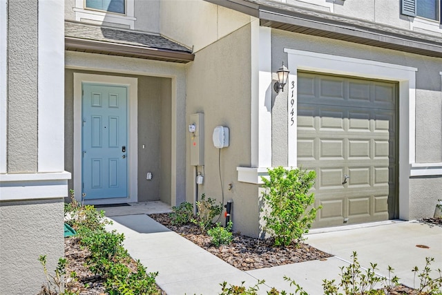 31945 Blue Passing Loop, Wesley Chapel, FL 33545 - doorway to property with stucco siding, an attached garage, and driveway