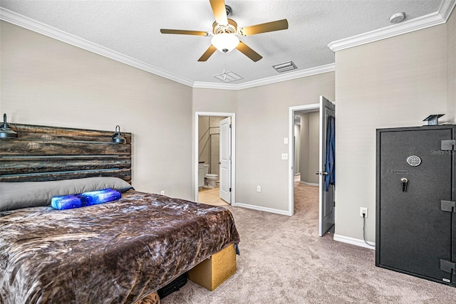 31945 Blue Passing Loop, Wesley Chapel, FL 33545 - bedroom with light colored carpet, ornamental molding, a textured ceiling, ceiling fan, and ensuite bathroom