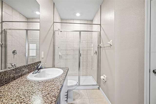 31945 Blue Passing Loop, Wesley Chapel, FL 33545 - full bath with tile patterned flooring, vanity, a shower stall, and a textured wall