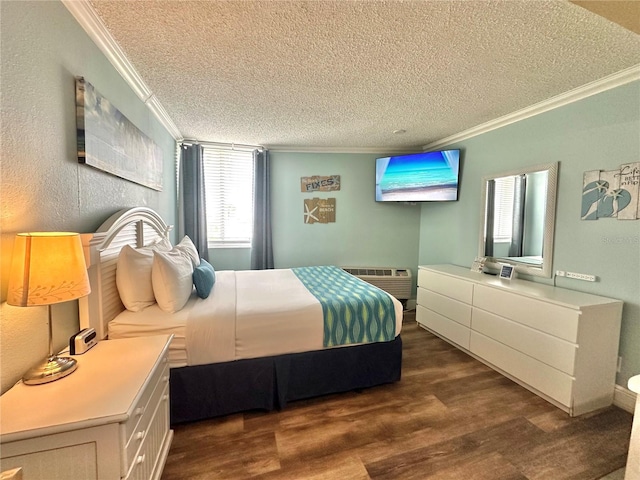 445 S Gulfview Blvd Unit 421, Clearwater Beach, FL 33767 - bedroom featuring ornamental molding, a textured ceiling, dark wood-style flooring, and a wall mounted AC