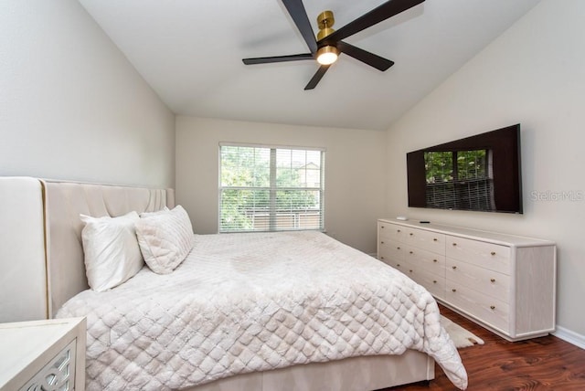 7001 Interbay Blvd Unit 121, Tampa, FL 33616 - bedroom with lofted ceiling, dark wood-style floors, and a ceiling fan
