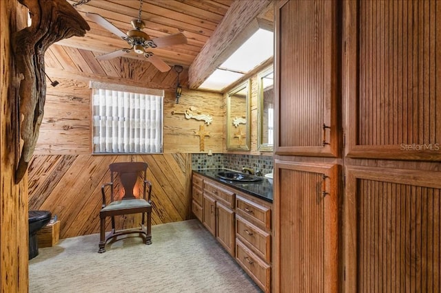 935 Ranch Rd, Tarpon Springs, FL 34688 - bar featuring wooden walls, a wood ceiling with exposed beams, a ceiling fan, carpet flooring, and tasteful backsplash