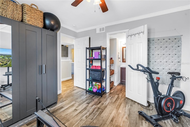 1918 Pelican Landing Blvd Unit 1112, Clearwater, FL 33762 - workout room with light wood-type flooring, a ceiling fan, and crown molding