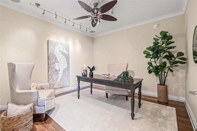 400 Beach Dr NE Unit 2301, Saint Petersburg, FL 33701 - office area with a ceiling fan, wood finished floors, ornamental molding, and rail lighting