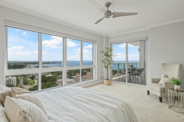 400 Beach Dr NE Unit 2301, Saint Petersburg, FL 33701 - bedroom featuring a water view, access to exterior, carpet floors, ornamental molding, and ceiling fan