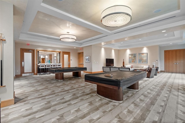 400 Beach Dr NE Unit 2301, Saint Petersburg, FL 33701 - rec room with a raised ceiling, pool table, light carpet, and recessed lighting