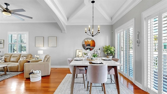6545 Simone Shores Cir, Apollo Beach, FL 33572 - dining room featuring healthy amount of natural light, a chandelier, wood finished floors, ornamental molding, and ceiling fan