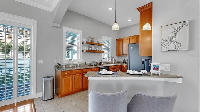 6545 Simone Shores Cir, Apollo Beach, FL 33572 - kitchen featuring brown cabinets, freestanding refrigerator, a peninsula, healthy amount of natural light, and recessed lighting