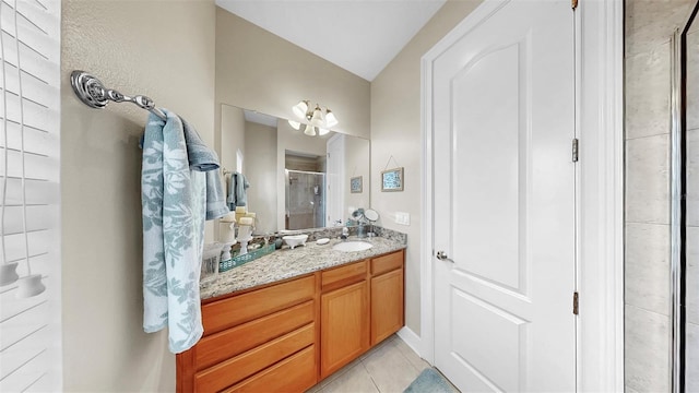 6545 Simone Shores Cir, Apollo Beach, FL 33572 - bathroom featuring a shower stall, vanity, and tile patterned flooring