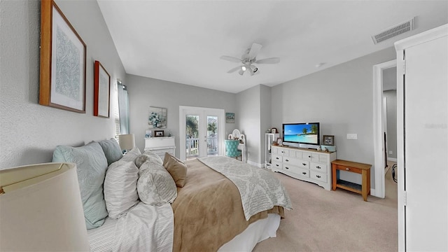 6545 Simone Shores Cir, Apollo Beach, FL 33572 - bedroom featuring french doors, access to exterior, carpet floors, and a ceiling fan