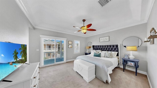 6545 Simone Shores Cir, Apollo Beach, FL 33572 - bedroom with access to exterior, light carpet, ornamental molding, and ceiling fan