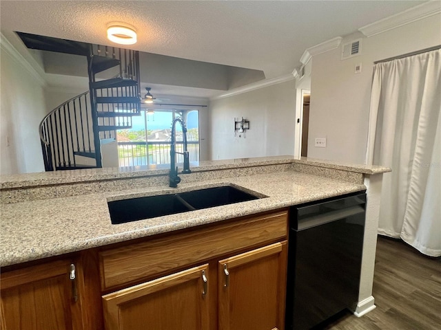 2400 Feather Sound Dr Unit 935, Clearwater, FL 33762 - kitchen with black dishwasher, crown molding, brown cabinetry, ceiling fan, and dark wood-type flooring