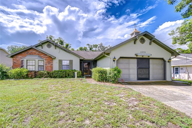 11070 Tilburg St, Spring Hill, FL 34608 - ranch-style house with driveway, a garage, stucco siding, and a front lawn