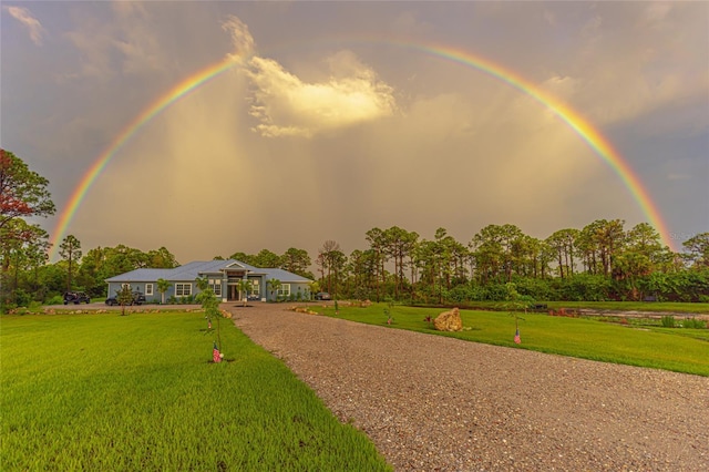 9016 Falcon Ct, Venice, FL 34293 - view of community with a yard, gravel driveway, and view of wooded area