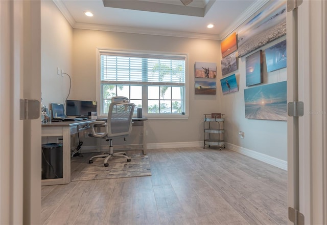 9016 Falcon Ct, Venice, FL 34293 - home office featuring ornamental molding, wood finished floors, and recessed lighting