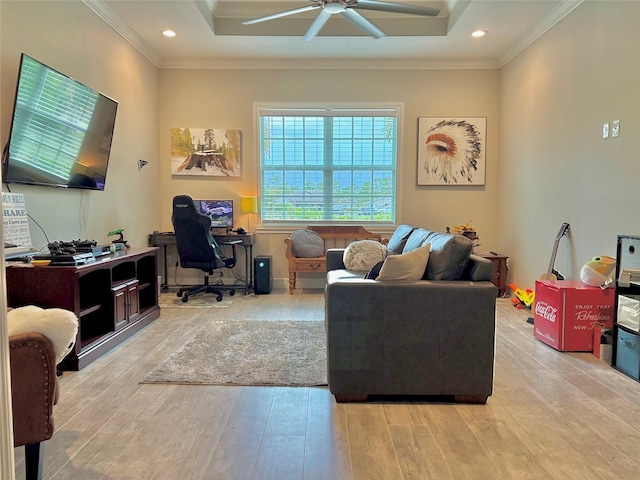9016 Falcon Ct, Venice, FL 34293 - living area featuring a ceiling fan, light wood-type flooring, an office area, ornamental molding, and recessed lighting