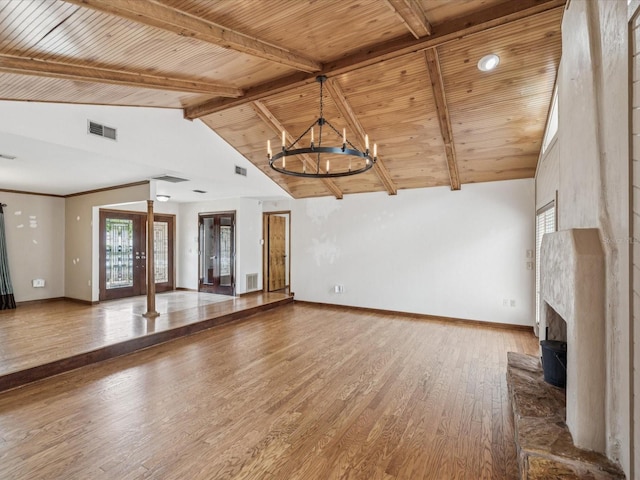 5110 Lake Valencia Blvd E, Palm Harbor, FL 34684 - unfurnished living room with wooden ceiling, a chandelier, a fireplace with raised hearth, and wood finished floors