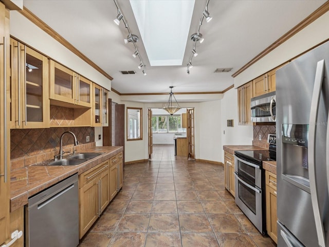 5110 Lake Valencia Blvd E, Palm Harbor, FL 34684 - kitchen featuring stainless steel appliances, track lighting, backsplash, glass insert cabinets, and pendant lighting