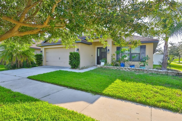 12218 Avondale Oak Pl, Riverview, FL 33578 - view of front facade featuring stucco siding, an attached garage, concrete driveway, and a front lawn
